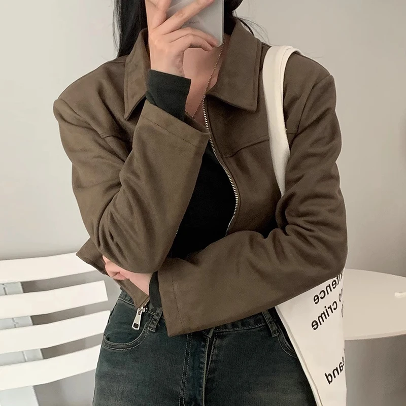 

Шикарная осенняя универсальная длинная свеская искусственная замша свободного покроя Jaet ort Верхняя одежда для женщин для поездок на работу и молнии