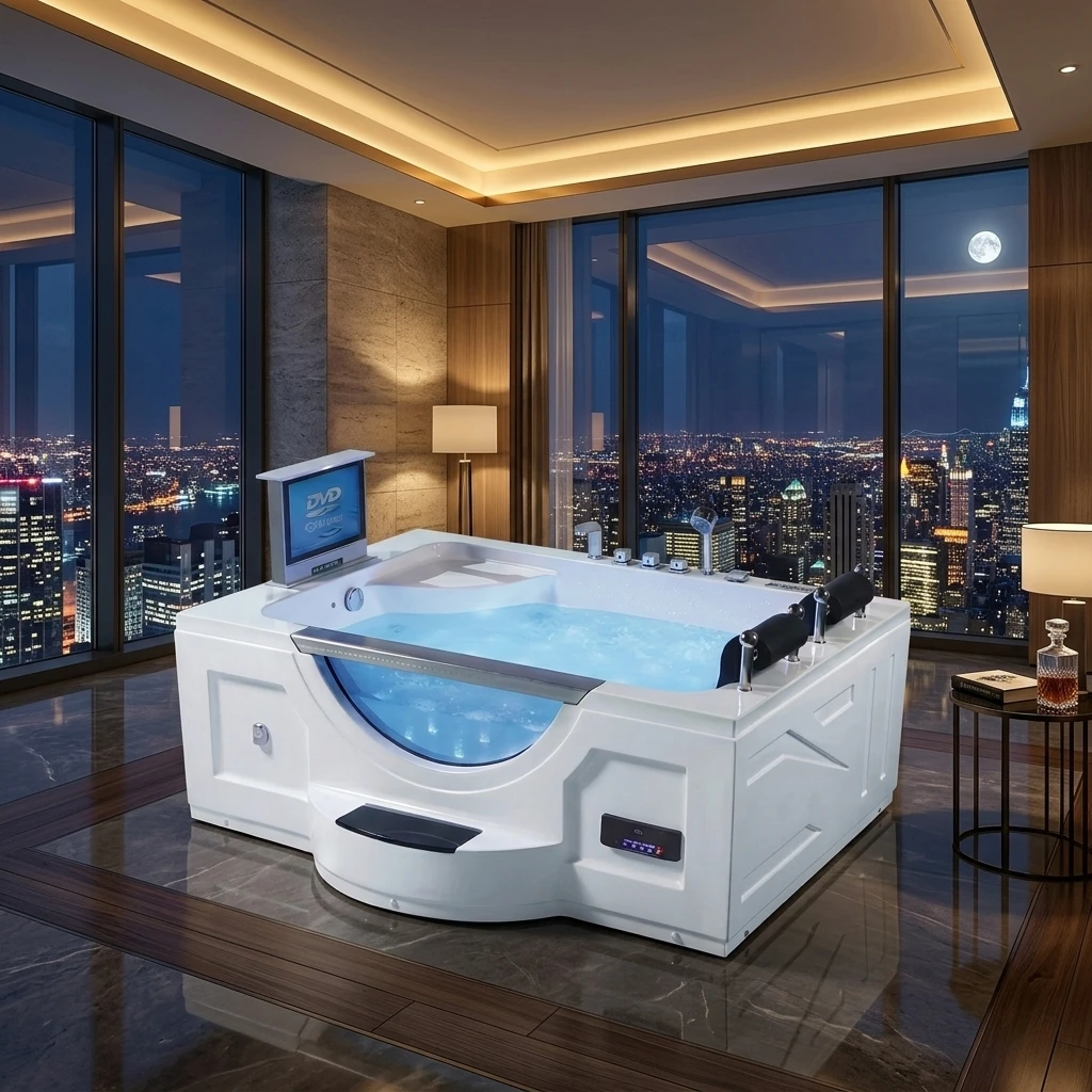 Premium 2 Person Acrylic Whirlpool Bathtub, Portable Freestanding Massage Tub, Waterproof TV, Thermostat, Modern Hotel Hot Tub