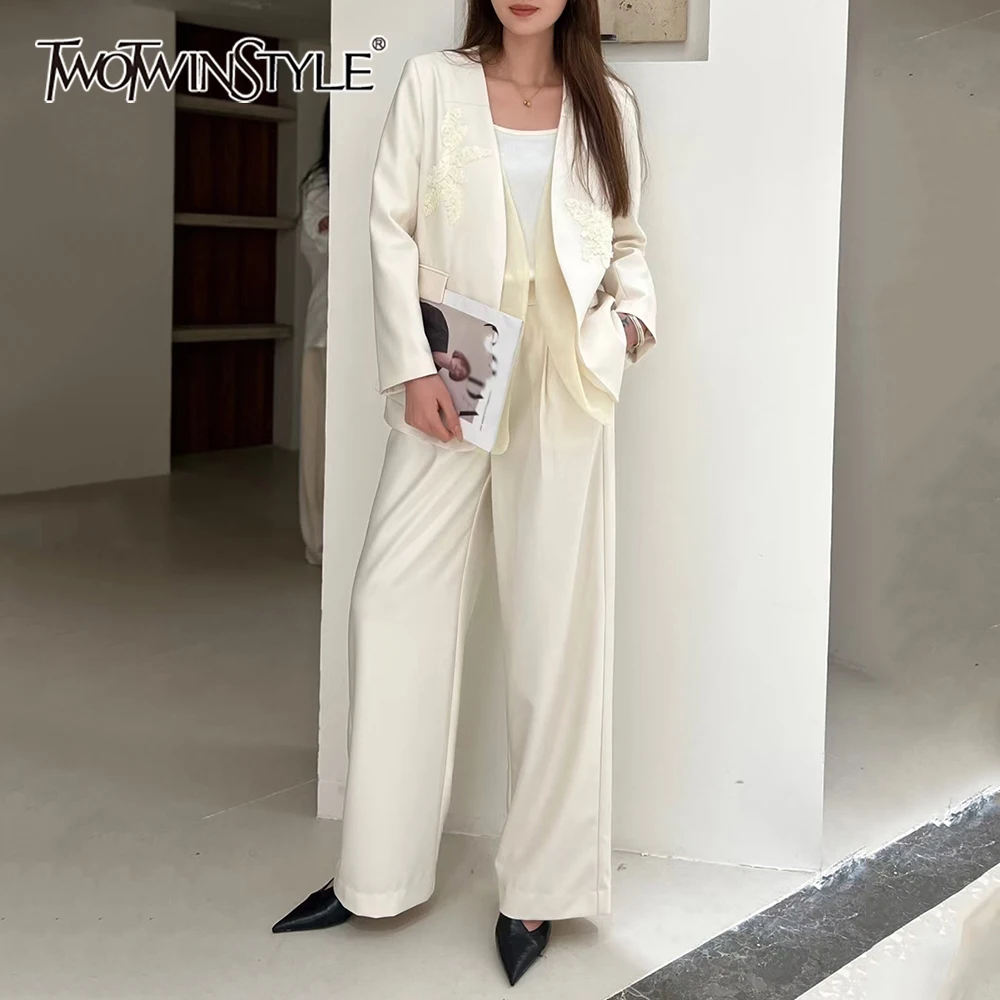 TWOTWINSTYLE Solid Spliced 3D Two Piece Set Female V Neck Long Sleeve Jacket Elegant Office Lady Women's Trousers Set Fashion