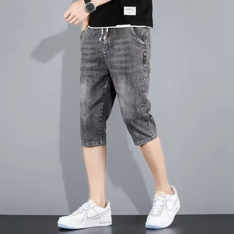 

Летняя тонкая мужская одежда, свободные и модные повседневные шорты, корейские брюки до колена, бриджи с эластичной резинкой на талии, мужские джинсовые брюки