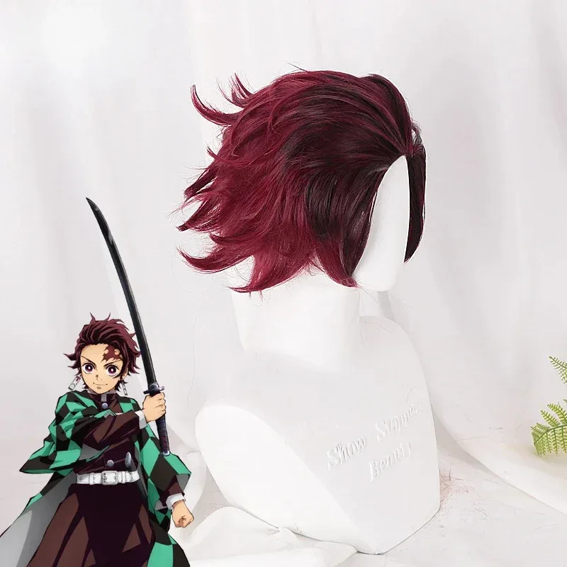 Peluca de Cosplay Kamado Tanjirou, peluca rizada corta sintética de color rojo oscuro, disfraz de Anime Demon Slayer, peluca de alta calidad para fiesta diaria
