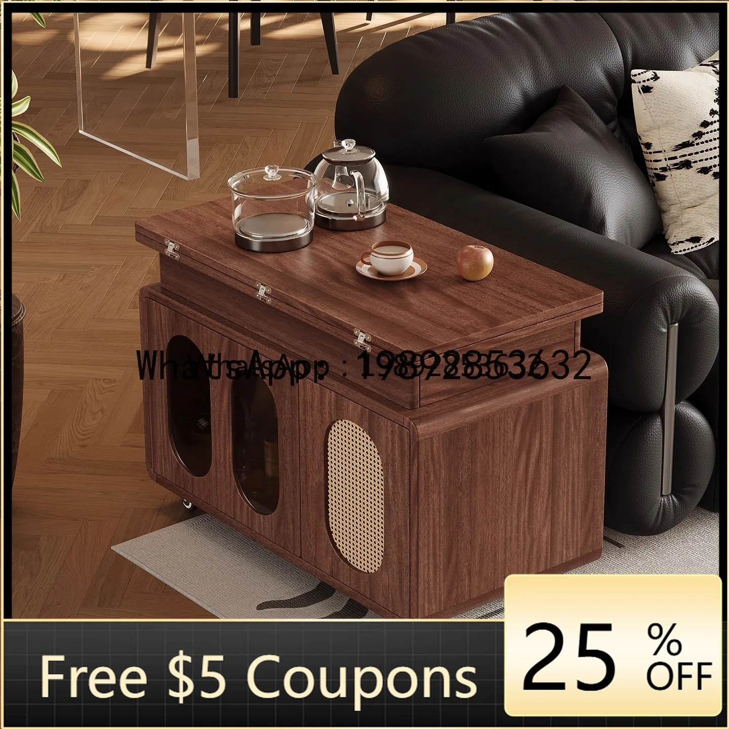 

F2 Walnut Solid Wood Movable Adjustable Folding Coffee Table for Living Room Home Use Small Apartment Trolley Sofa Side Table