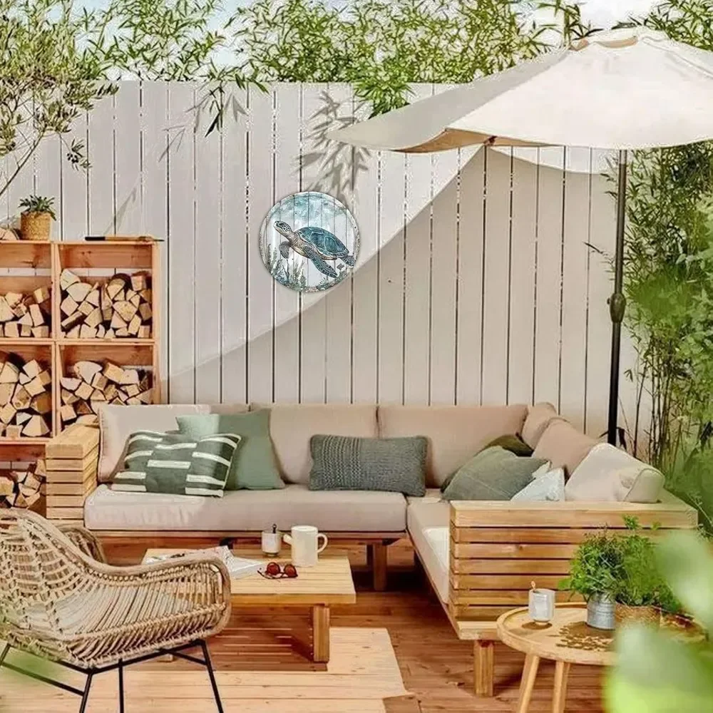 لافتة دائرية من القصدير مع السلاحف البحرية المبهجة، 20 سم - ديكور على الطراز الساحلي