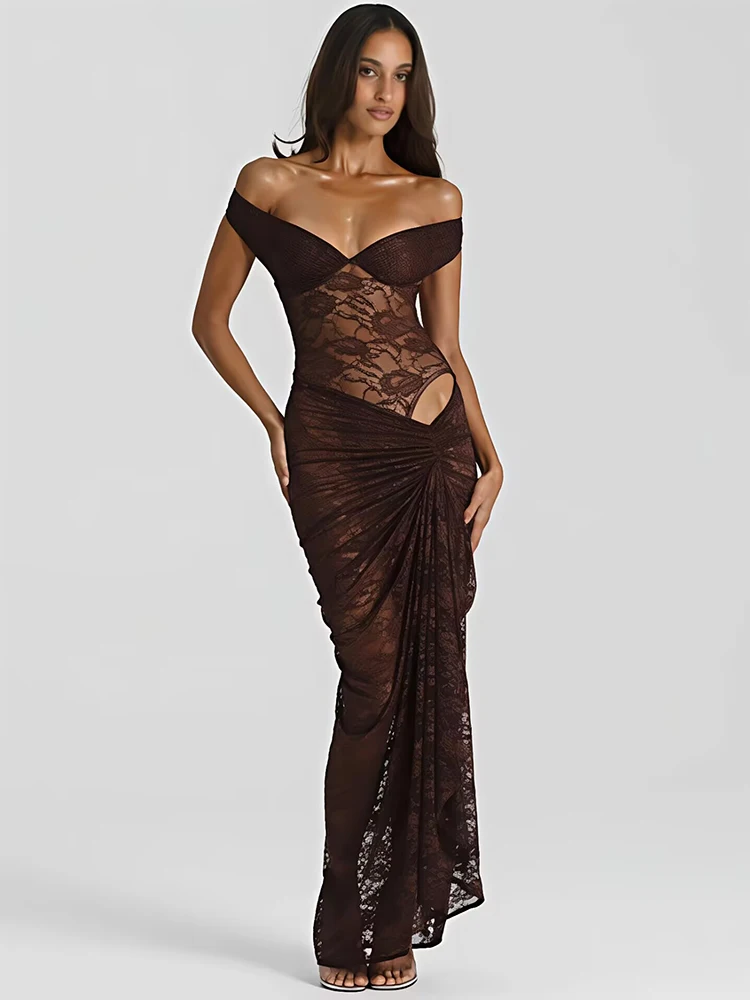 

Mozision Lace See Through Sexy Two Piece Set Women Elegant Off-shoulder Backless Bodysuit And Maxi Skirt Matching Club Dress Set