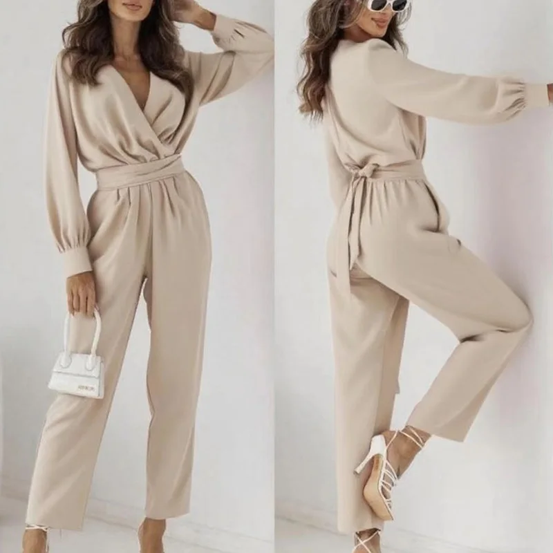 

2025 New Solid Color High Waist Straight Playsuit Elegant Pleated Lace Up Romper Office Lady V Neck Long Sleeved Loose Jumpsuit