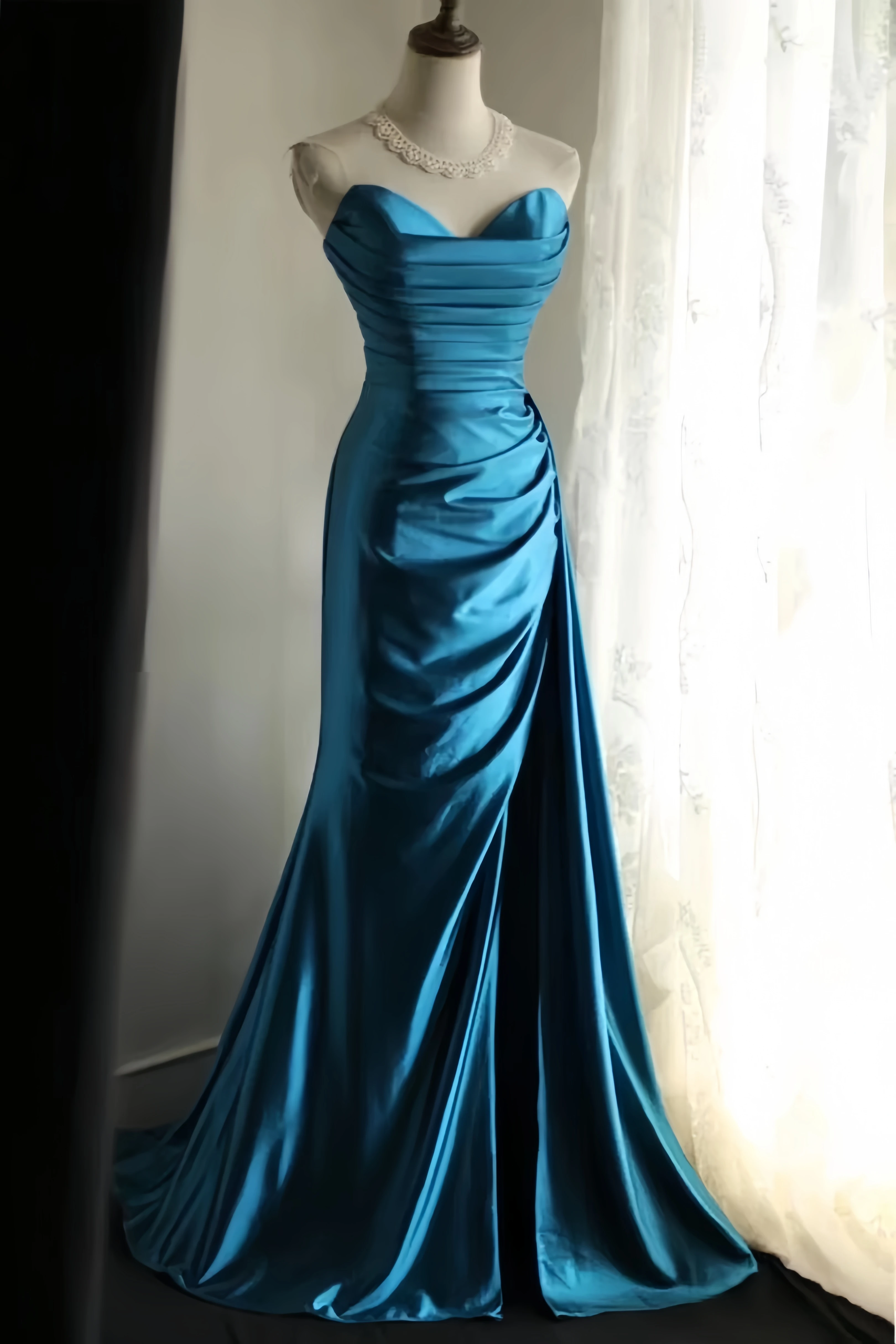 Luxo retro celebridade vestido azul fishtail ruched busto cetim noite alta fenda volta laço adequado senhora noite banquete vestido