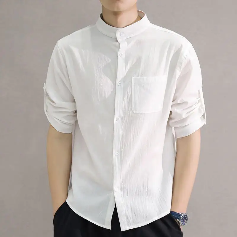 Camisa retrô masculina com botão de linho de algodão, blusa casual simples de meia manga, tops preto e branco, verão solto