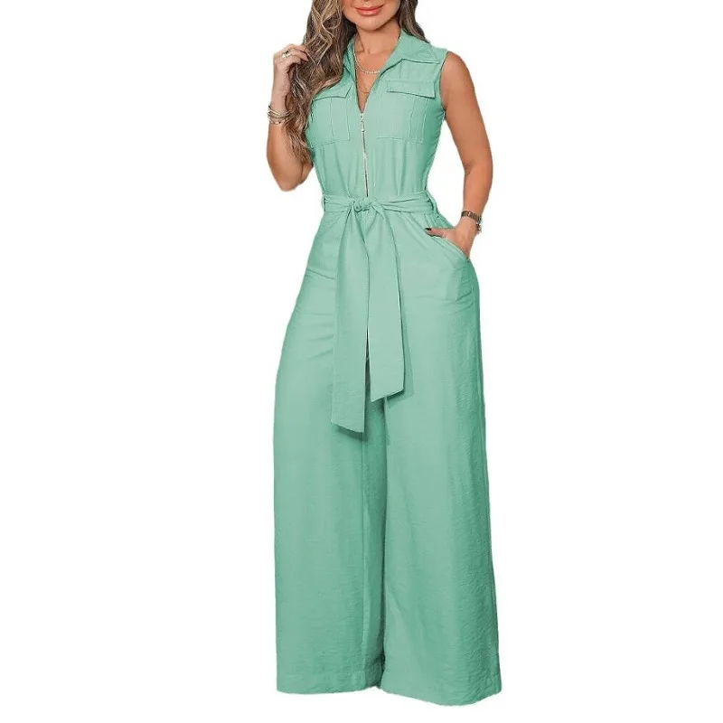 2024 Spring Summer New Women\'s Clothing Solid Color Shirt Collar Sleeveless Solid Color Zipper Strap Wide Leg Jumpsuit Pants