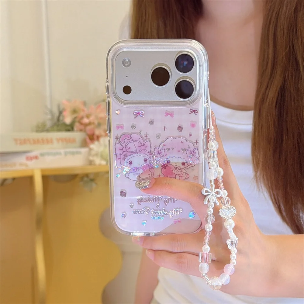 

Korean Plaid Cute Cartoon Melody Glitter Phone case for iPhone 17 Pro 16 Pro Max 13 14 15 Cover Shockproof Funda with Chain Case