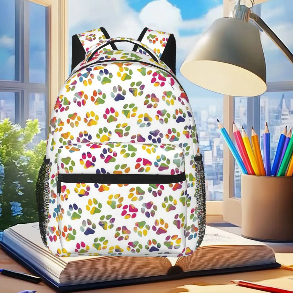

Rainbow Paws Footprints Colorful Backpack Student Boys Girls BookBag Children School Bag Computer Shoulder Bags for Men Women