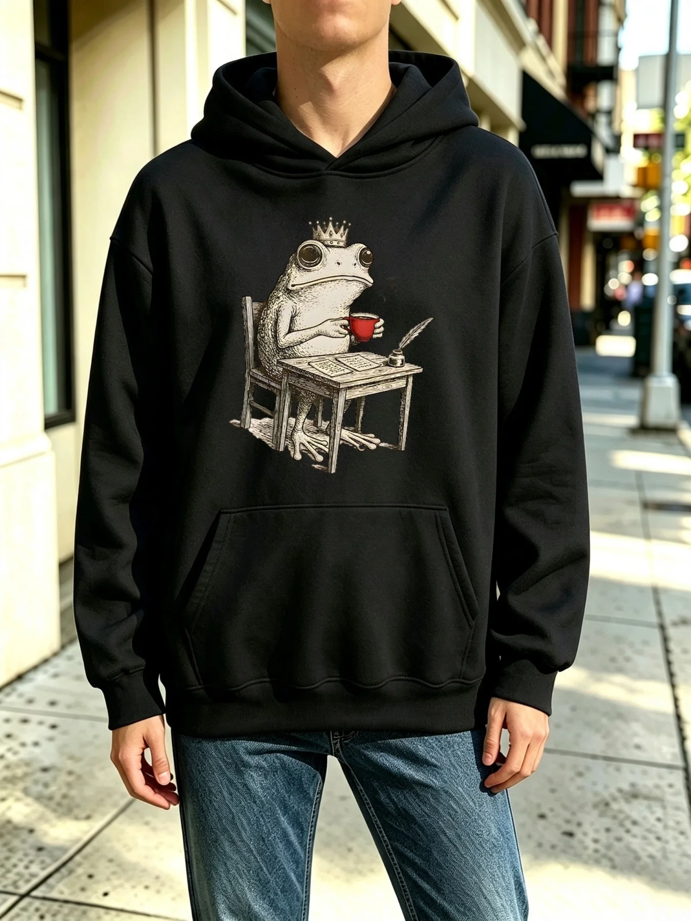 Men's Hooded Sweatshirt Featuring a Crowned Frog Sitting at a Table, Holding a Cup, Quill Pen, and Paper, Casual Basic Loose Fit, Suitable for Everyday Outdoor Work in Autumn and Winter, Soft Fleece Lining, Long Sleeves, Kangaroo Pocket