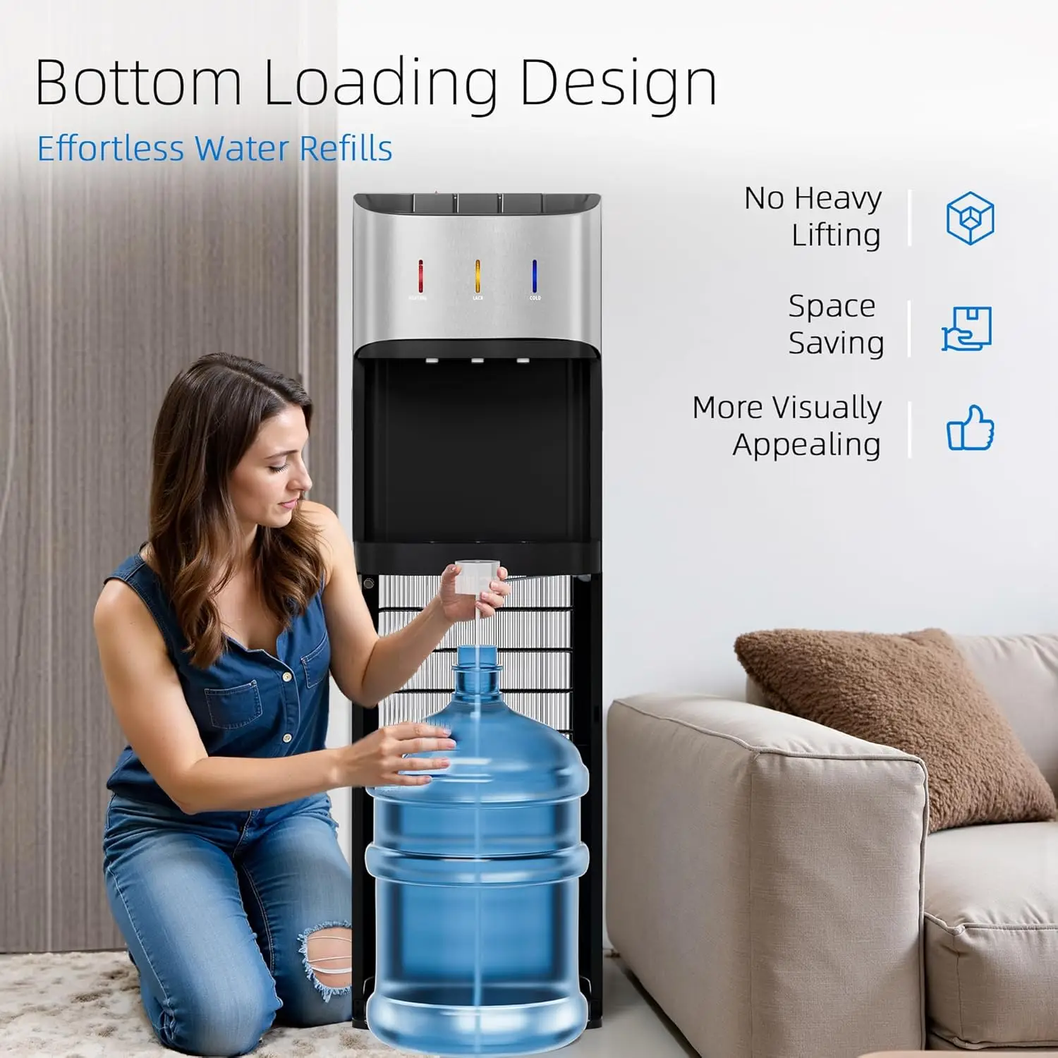 Bottom Loading Water Cooler Dispenser for 3-5 Gallon Bottles, 3 Temperature - Hot, Cold & Room Water， Satin Silver