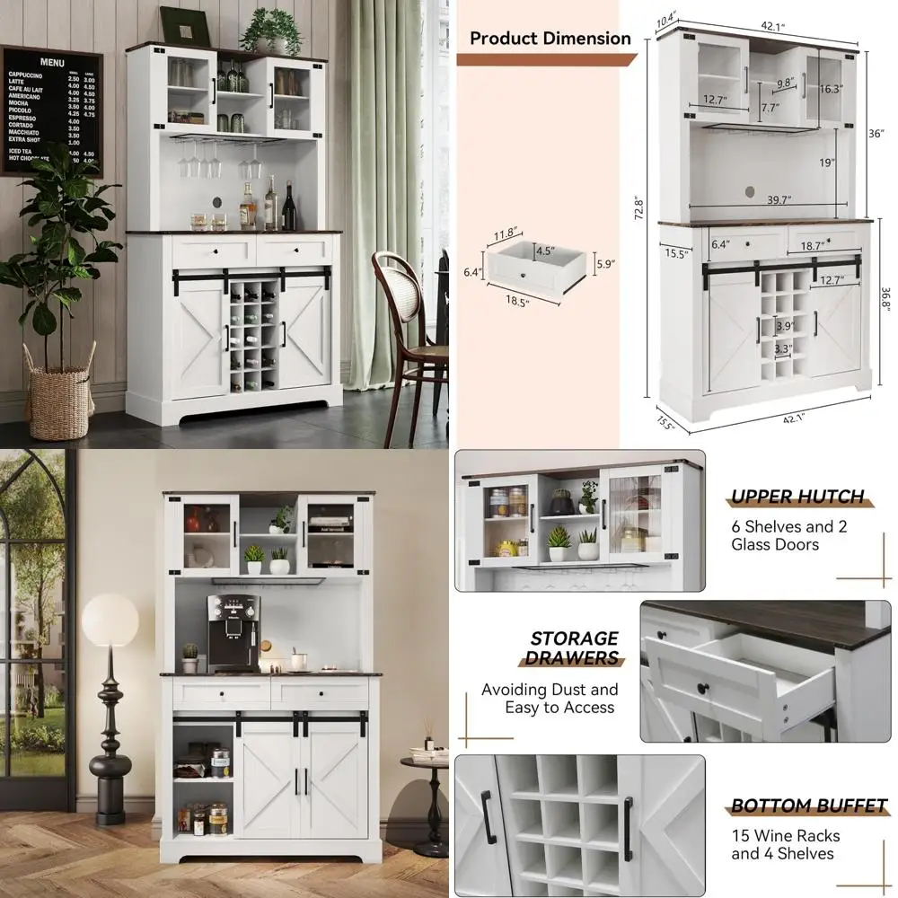 ファームハウススタイルの背の高いキッチンビュッフェキャビネット、引き戸とワイングラス収納付き