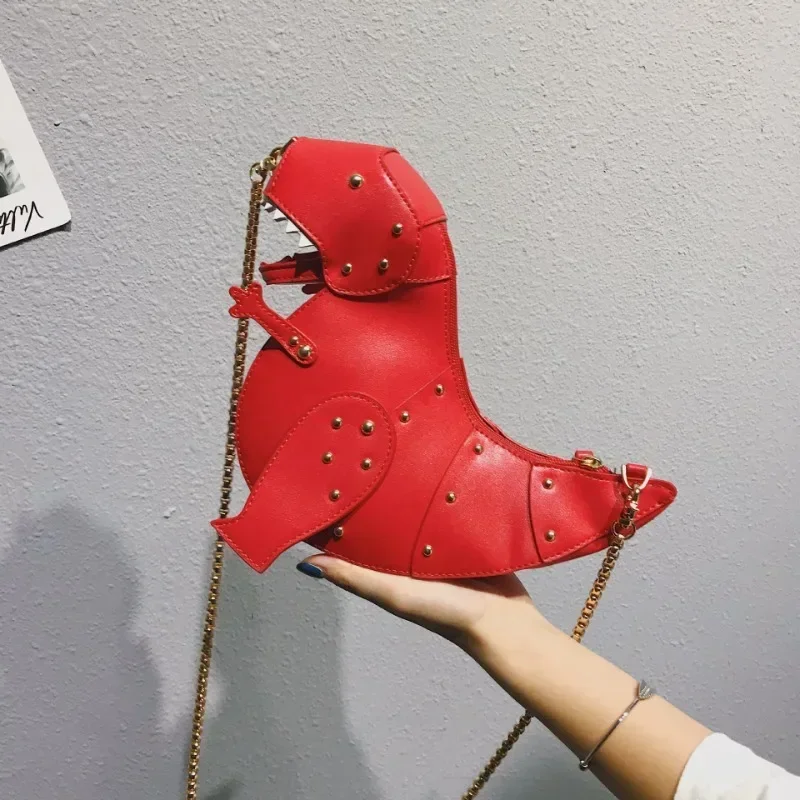 Trend Fashion 3D Dinosaur Design Rivets Pu Leather Girl's Chain Purse Shoulder Bag Tote Ladies Crossbody Mini Messenger Bag Flap