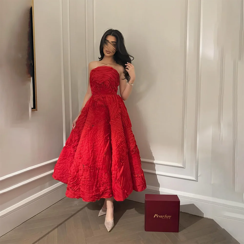

Fashion Red Prom Dress Customized Ruched Strapless A Line Tea Length Ball Gowns Lace-up Back Elegant Party Dresses