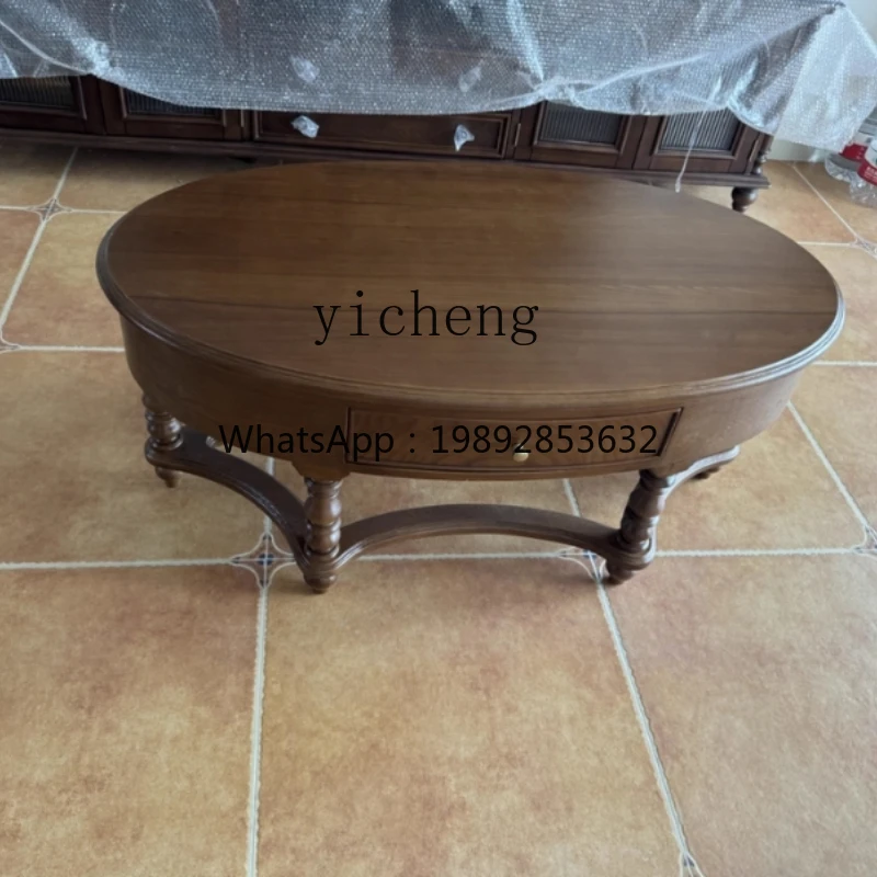AA Solid Wood Carved Vintage Coffee Table, Distressed Light Luxury Simple Design with Drawer, Customizable Coffee Table