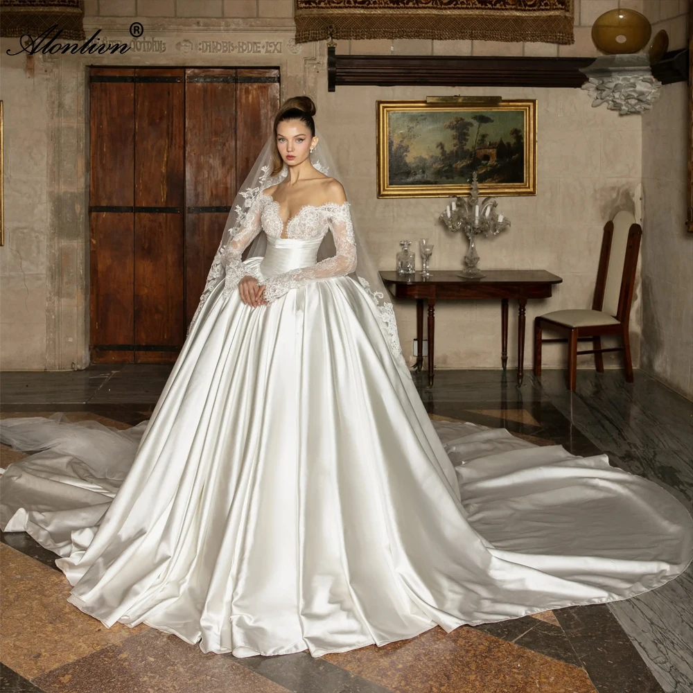 Alonlivn فساتين زفاف فاخرة مصنوعة حسب الطلب من الساتان بأكمام طويلة مطرز بالخرز من الدانتيل قبالة الكتف فساتين زفاف الأميرة #1