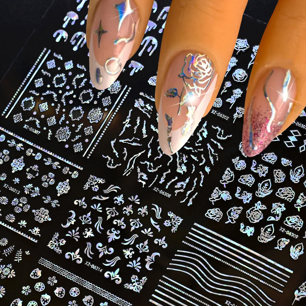 30Pcs Laser Silver French Line Flower Nail Art Stickers Self-Adhesive Elegant Geometric Retro Floral DIY Manicure, Salon Decals