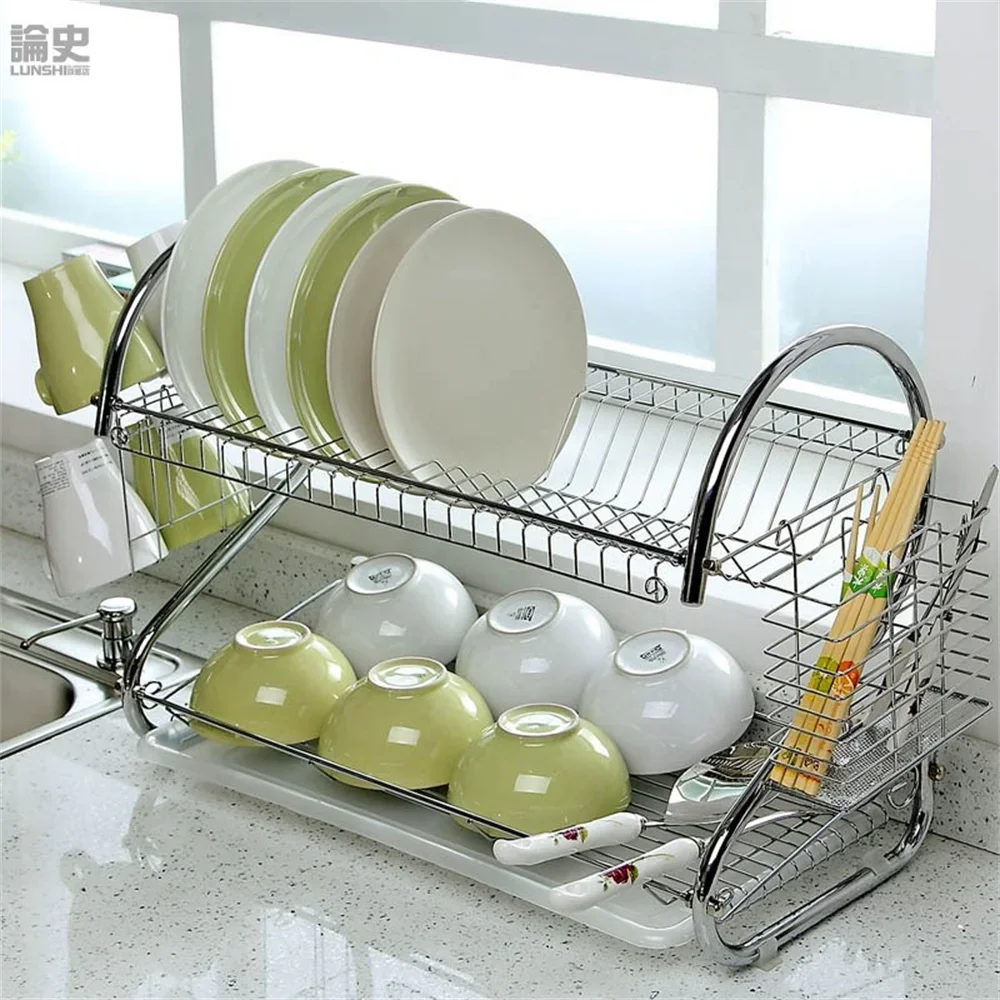 2 Tier S-Shaped Dish Bowl Drainer Storage Rack Kitchen Dish Drying Rack with Drain Basket Countertop Dinnerware Organizer Drainb