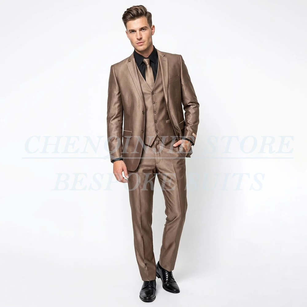 

Fashion Satin Men's Suits Bespoke 3 Piece Jacket Pants Vest Luxury Single Breasted Business Smart Casual Blazer Terno Costume