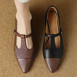 Plus size 34-41 women's genuine leather pointed toe mix color patchwork t-strap slip-on elegant ladies slim daily flats shoes