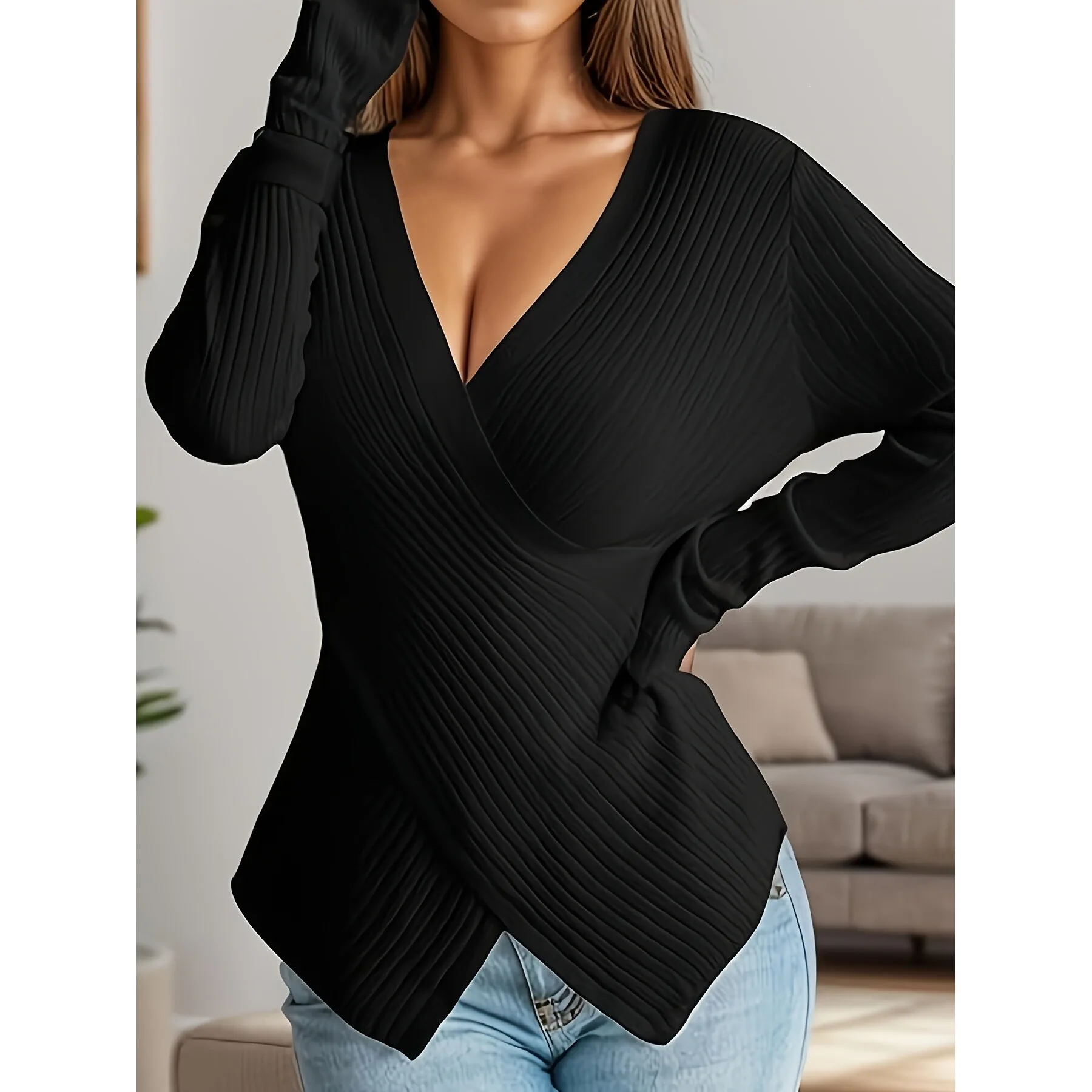 

Irregular Cross Neck Knit Sweater Women's Fashion Transoceanic Style Spring Seasonal Casual Comfortable Fit Knitted Top