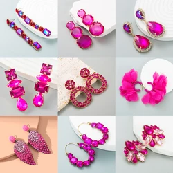Multi Styles Boho Statement Fuchsia White Crystals Drop Earrings for Women Party Zircon Fuchsia Jewelry