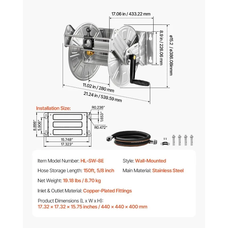 بكرة خرطوم الحديقة المثبتة على الحائط بطول 150 قدمًا 5/8 في دليل خرطوم تركيب نحاسي
