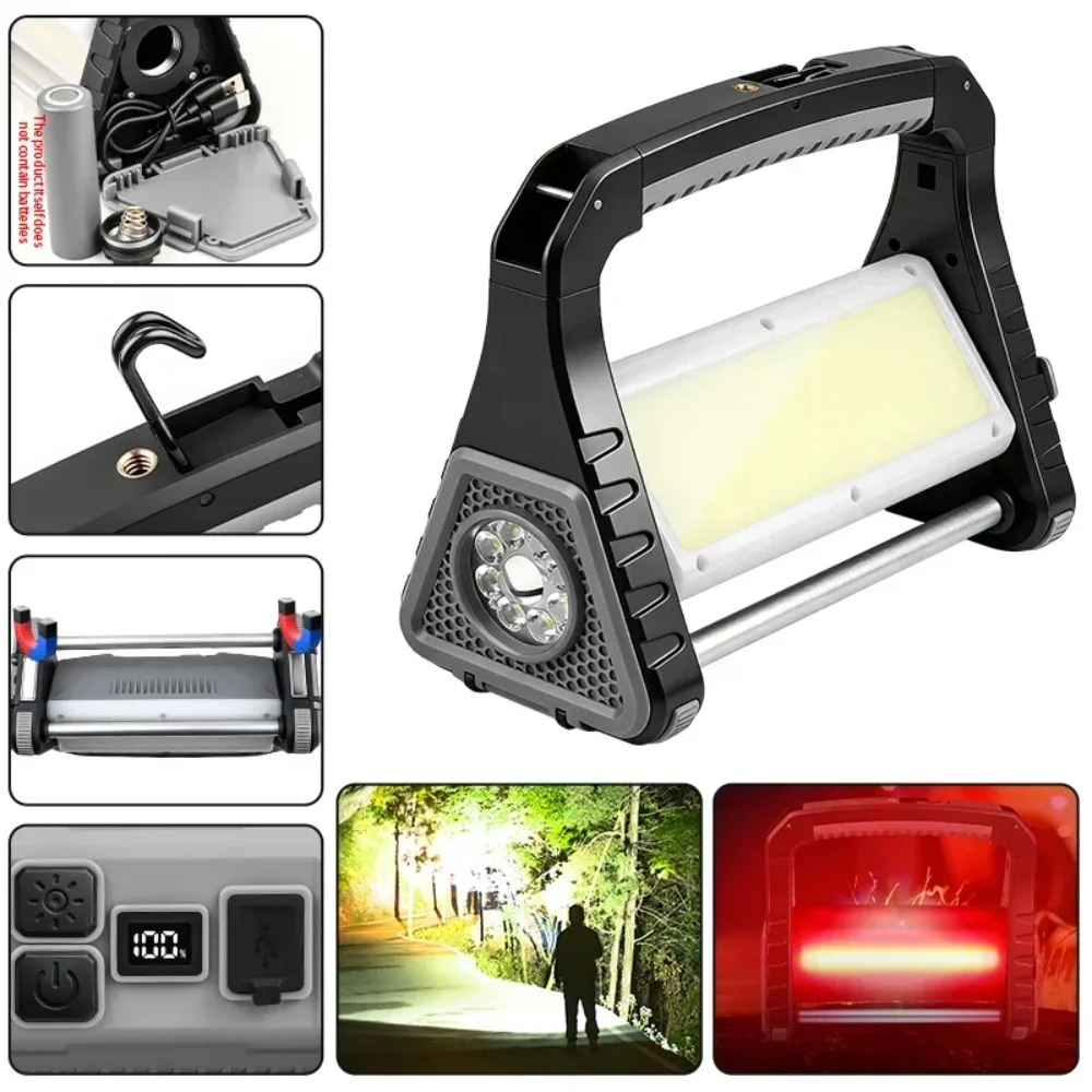 Multi-functional Portable LED Flashlight with Power Digital Display TYPE-C Charging Waterproof COB Work Light for Tent Hiking