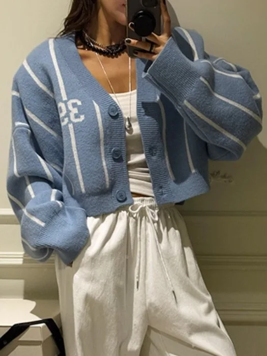 

Зимний винтажный женский кардиган-свитер с вертикальными полосками, V-образным вырезом, свободного кроя, стройнящий, повседневный, из хлопка, длинный...