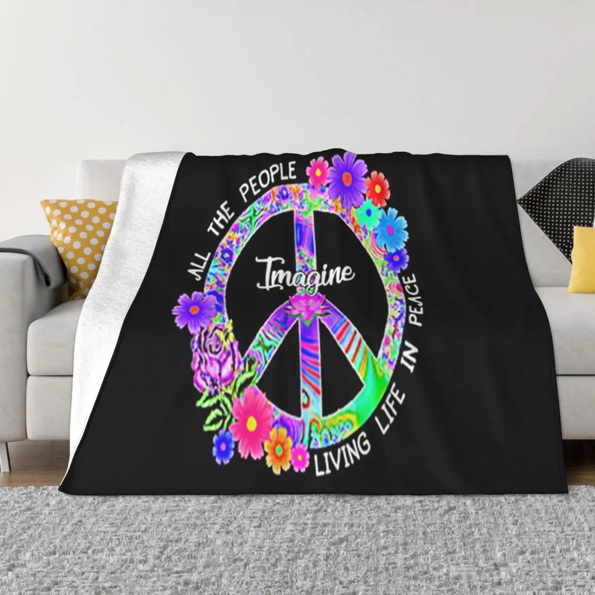 Hippie Peace Sign All The People Imagine Living Life In Peace Farmhouse Western Style Throw Blanket