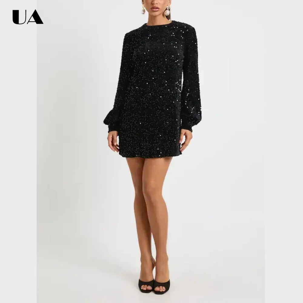 Vestidos Mini de Lentejuelas con Mangas de Blusón Brillantes Personalizados ULBYANRY para Mujer, Vestido de Fiesta de Cóctel Ajustado y Sexy, Vestido de Navidad de Moda