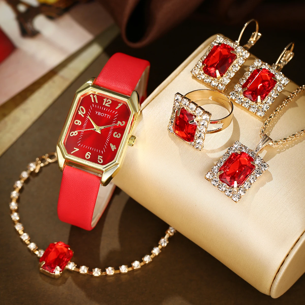 Ladies minimalist retro belt quartz watch+jewelry set