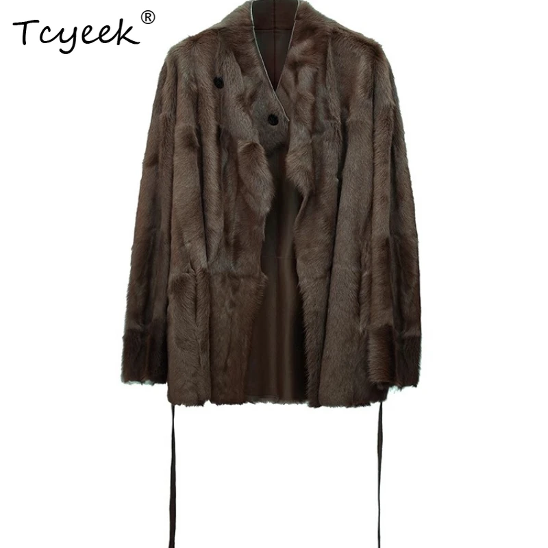 

Tcyeek Wool Autumn Winter High End Trendy Lapel Wear Solid Color on Both Sides Mid Length Women's Lamb Wool Shearling Fur Coat