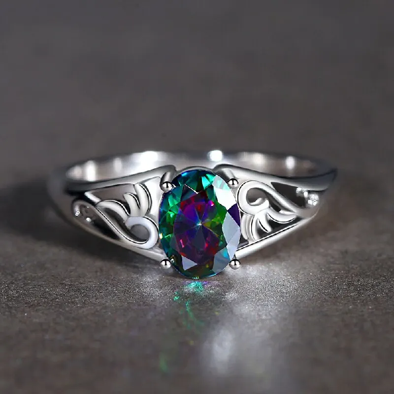 

1pcs Imitation White Gold Ring Ladies Light Luxury Simple Style Copper With Oval Glass Stone Multi Size Hand Jewelry