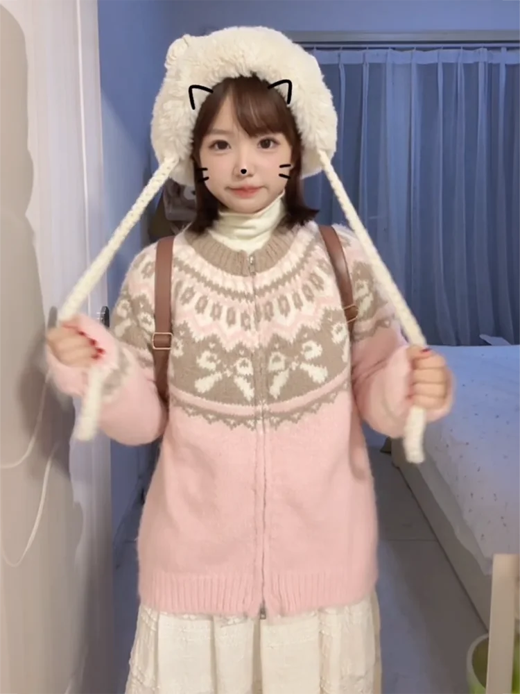 

Bow Jacquard Sweater Pink Knitted Jacket Harajuku Vintage Sweet Casual Japanese Kawaii Sueters De Mujer Ropa 2025 Cardigans