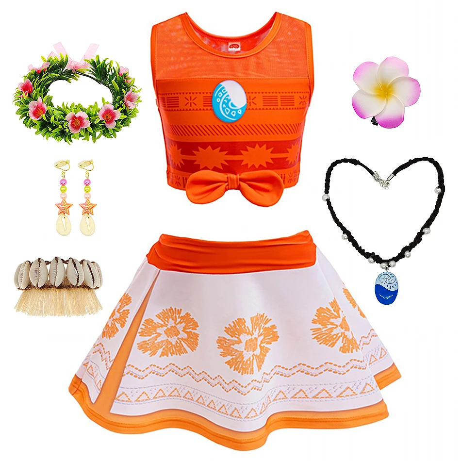 

Купальник для косплея принцессы Диснея Моаны, детские топы для выступлений Vaiana, комплекты с юбкой, одежда для девочек на Хэллоуин, праздничная одежда с принтом