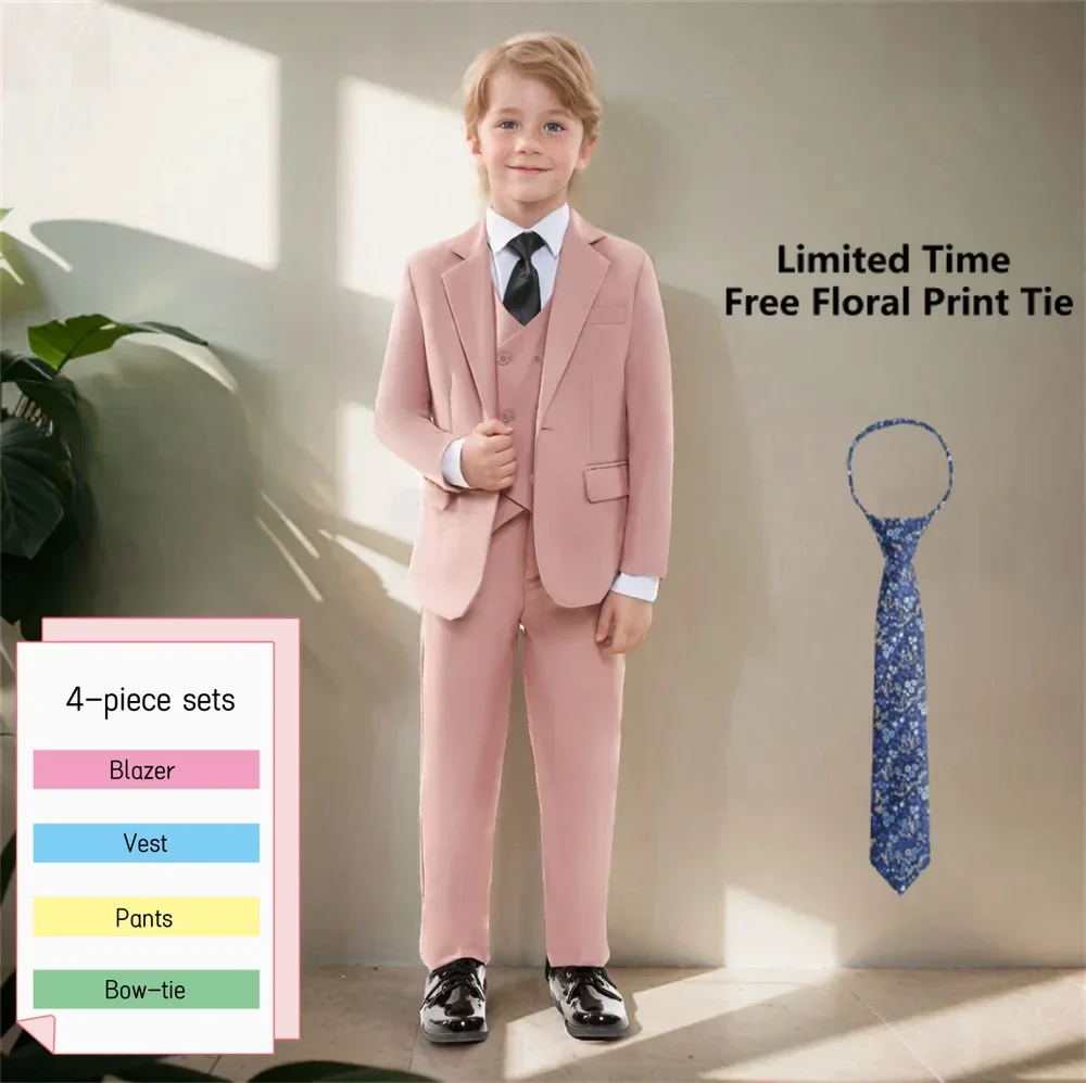 Fast Delivery Elegant Ring Boy Suit Set Formal Single Breasted Four Pieces Suit Classic Party School With  Free Floral Necktie