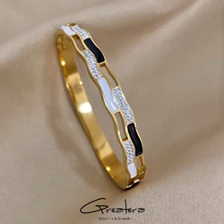 Greatera Stainless Steel White Black Enamel Rhinestone Charm Bracelet Bangles for Women Gold Plated Irregular Bracelets Jewelry