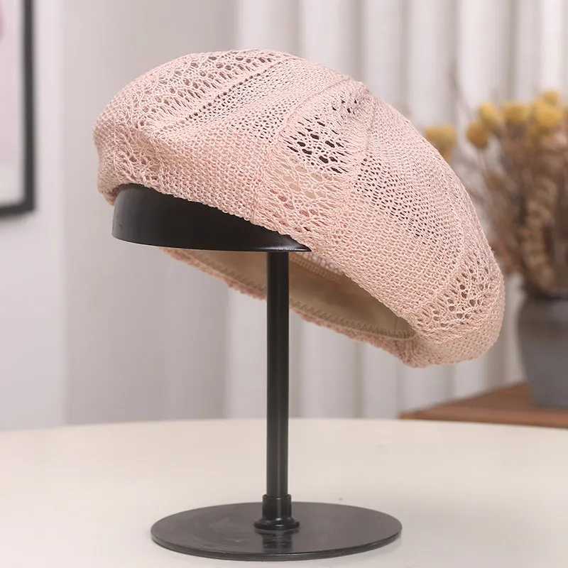 Japanese Vintage Light Breathable Linen Beret Women Summer Hollow Crochet Painter Hat Fashion All-match Pumpkin Hat
