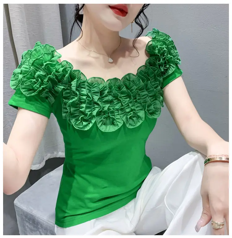 

2022 Summer New Slim Ruffles Sexy Off Shoulder Collar One Shoulder Top Women's Short Sleeve Shirt crop top