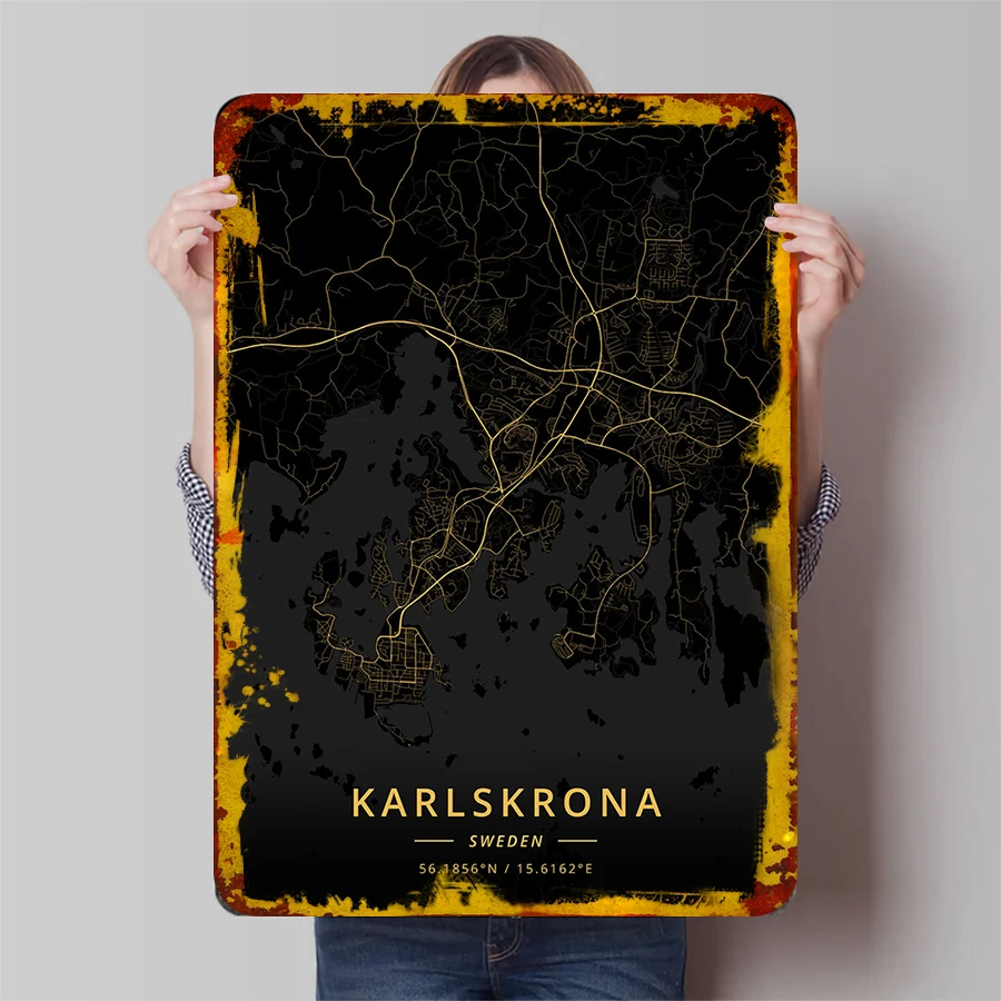 Karlskrona Sweden Gold Black Metal Wall Art City Map Decorative Iron Painting for Home Office Decoration