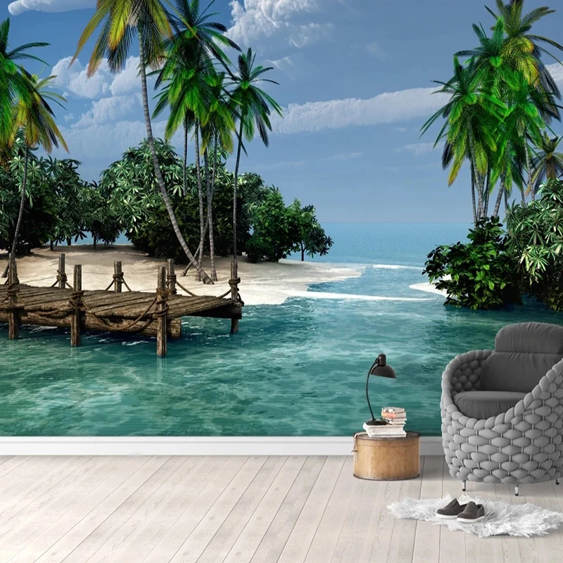 

Custom Any Size Mural Wallpaper European Coconut Tree Seascape Fresco Living Room Bedroom Sofa TV Background Wall Decor Sticker