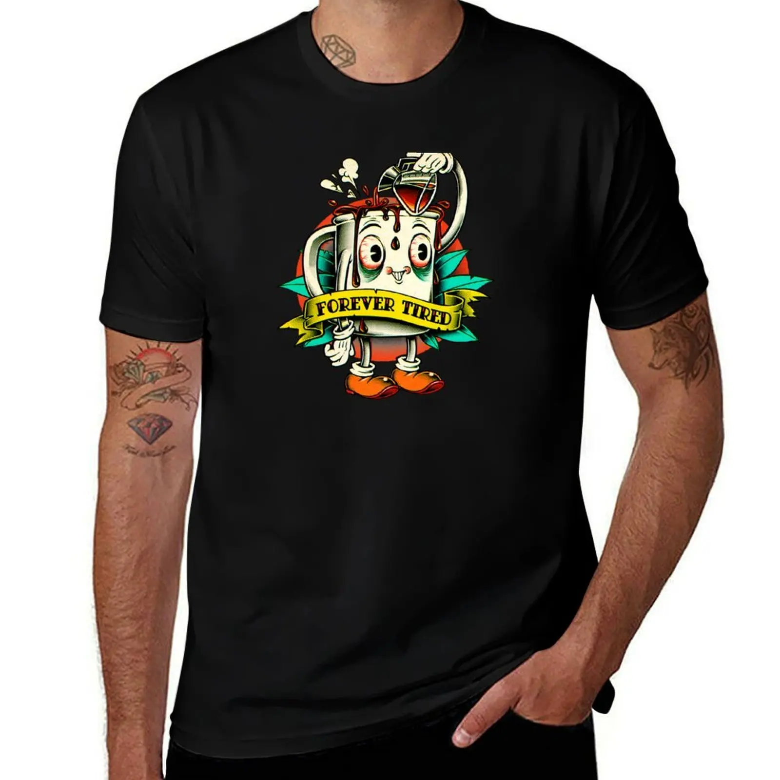 Forever Tired Coffee Mug Cartoon Character T-Shirt Art Pattern Printed Casual Top T-Shirt