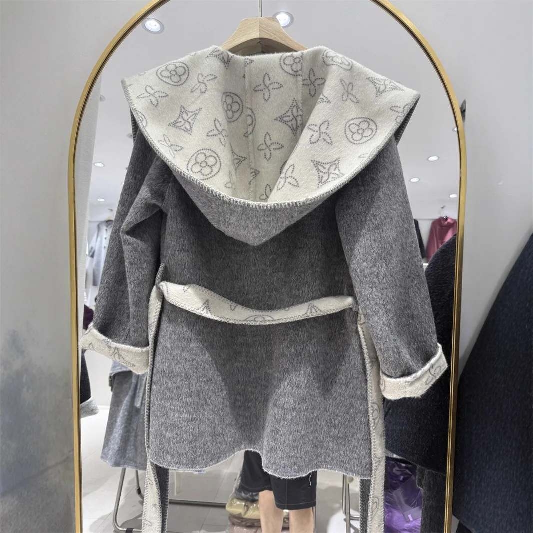 

Шерстяное пальто с цветочным принтом, женское маленькое размерное осенне-зимнее новое корейское шерстяное твидовое пальто средней длины с поясом