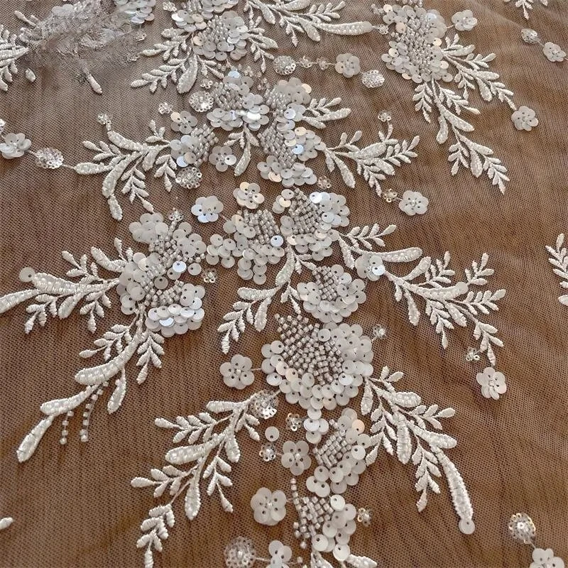 

High Quality Embroidered Lace Fabric for Wedding Dress Shining, 3D Flowers, Beaded Sequins，background Decoration Accessories