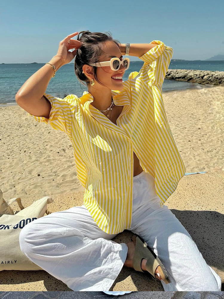 Elegant Women Yellow Striped Casual Loose Shirt Top Woman Lapel With Sleeves Buttons Long Blouses Summer Beach Style