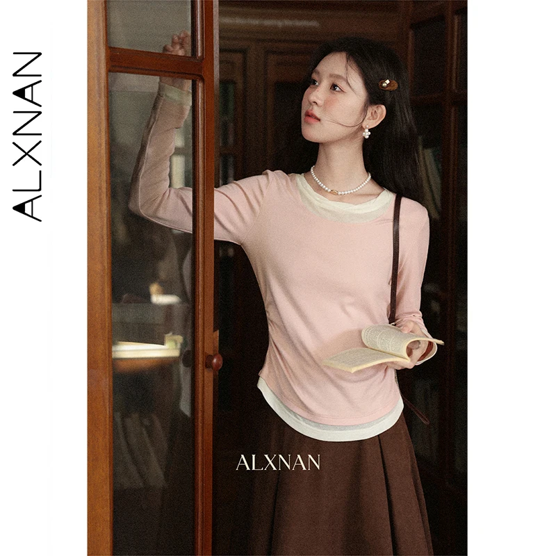

ALXNAN Pink Long Sleeve T-shirt Fake Two-piece Elegant Slim-fit Cotton Women's T-shirts 2025 Pleated Waist Tops Female L569172-1