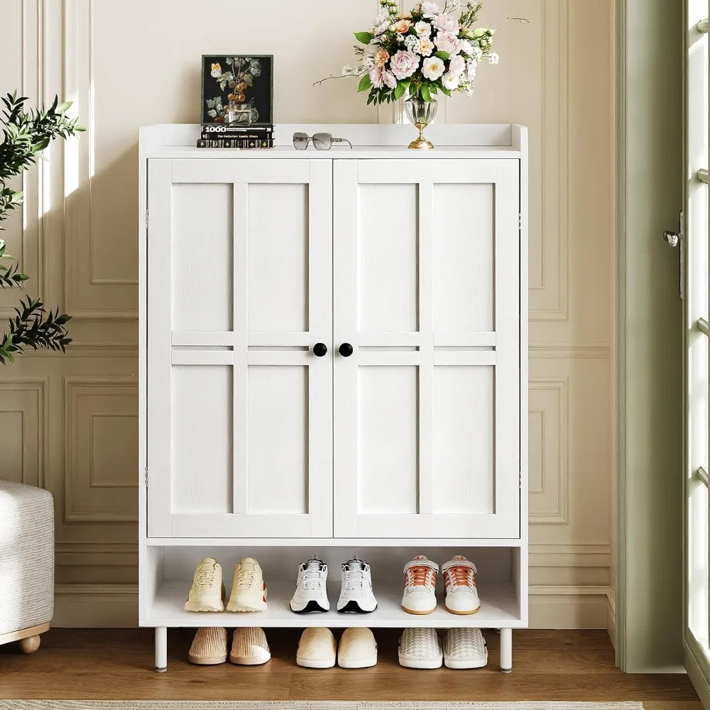 

45" Shoe Storage Cabinet - with Cross Molding Doors, 3 Adjustable Shelves & Metal Legs, Shoe Rack for Front Door Entrance