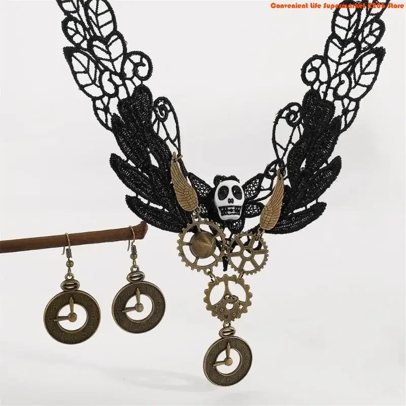 Q5WE Gothic Jewelry Lace Choker Necklace Gear Clock Earrings Pirate Costume